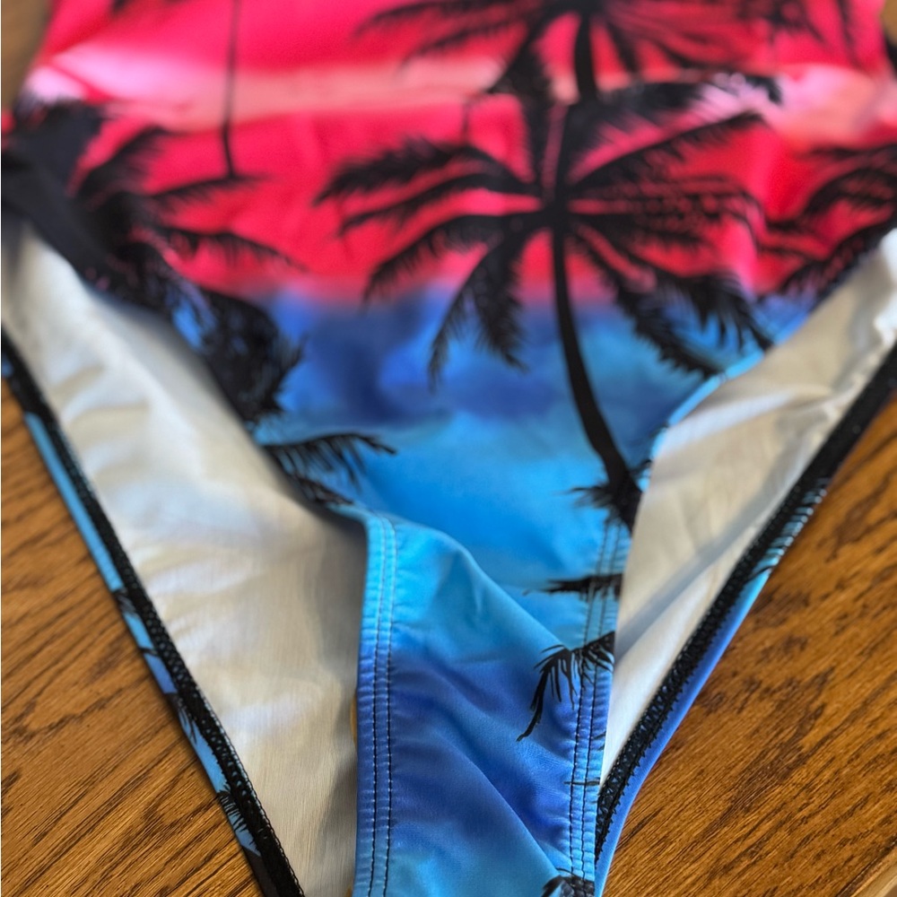 SHEIN BRAND, Women’s Sz (S) One-Piece Tropical Palm Tree Swimsuit - Pink & Blue - Picture 2 of 10